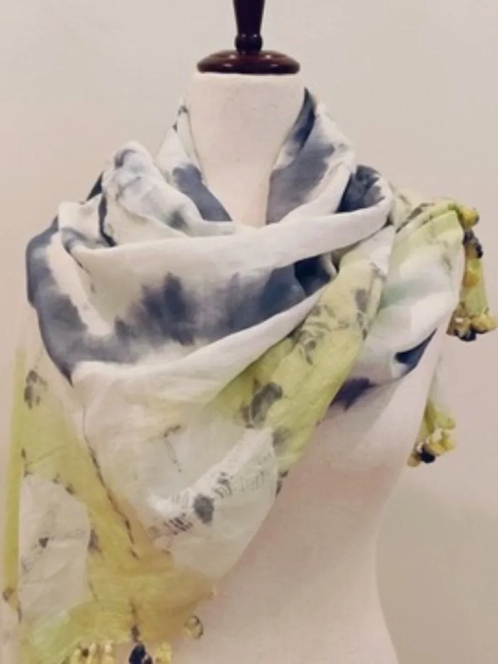 Aanya Silk Cotton Scarf Wrap Womens Lime Green Gray Shibori Tie Dye Tassel